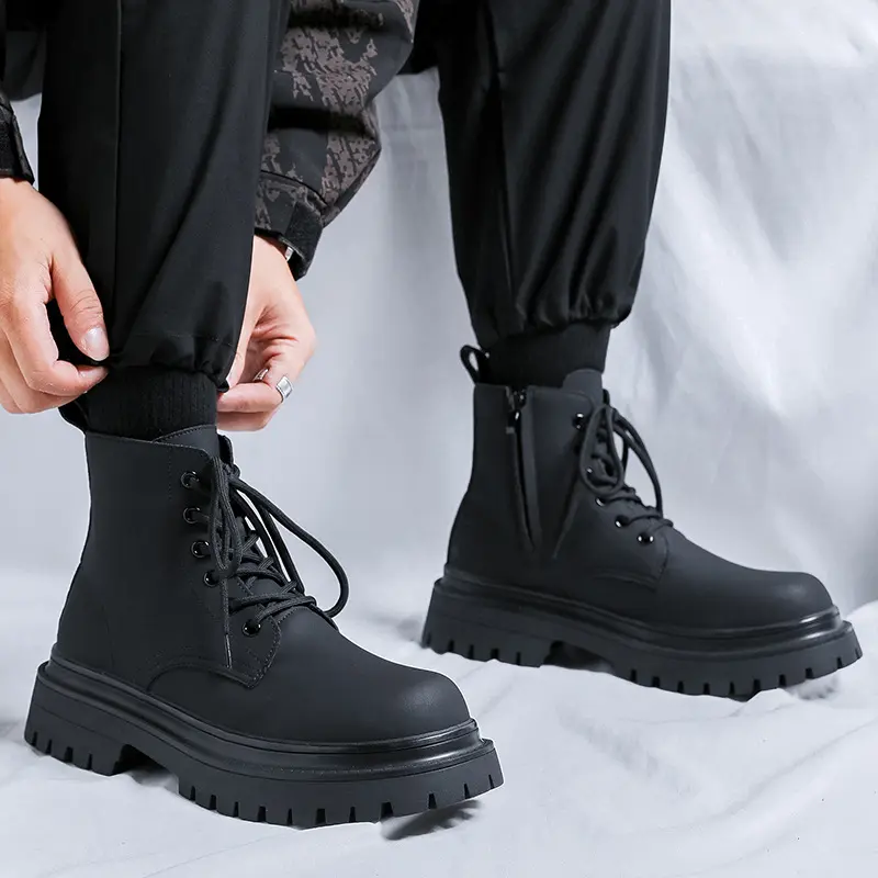 men casual business office dress platform boots lace-up genuine leather shoes cowboy spring autumn boot black ankle botas hombre