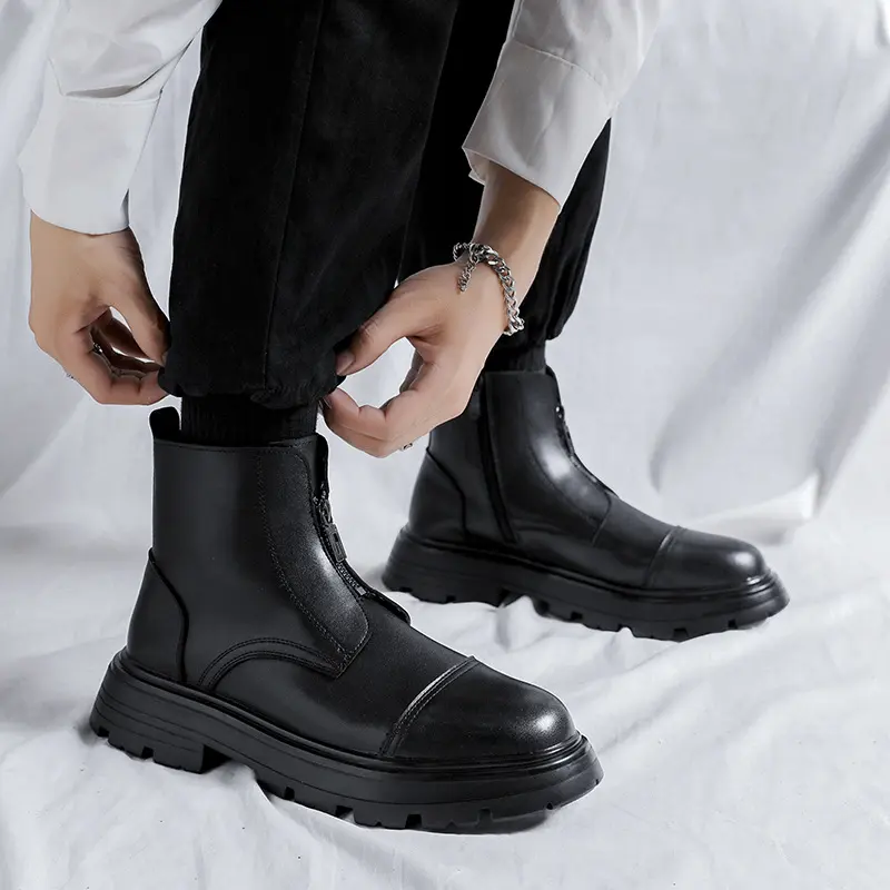 British style men's fashion platform boots brand designer shoes black cowboy genuine leather boot party nightclub ankle botas