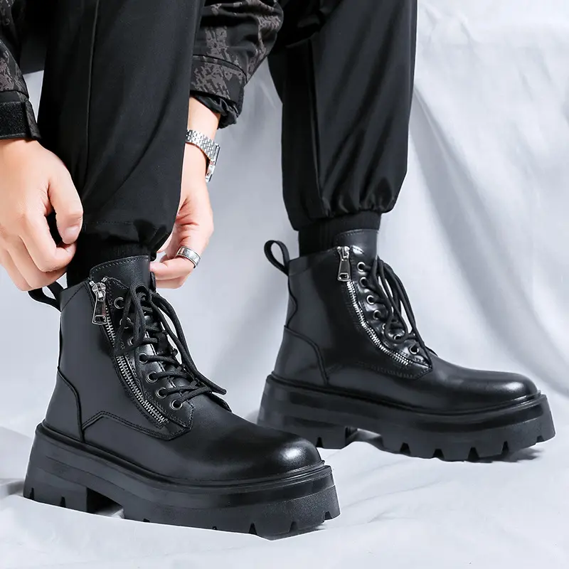 men fashion punk hip hop motorcycle boots brand designer shoes cowboy genuine leather boot handsome platform ankle botas hombre
