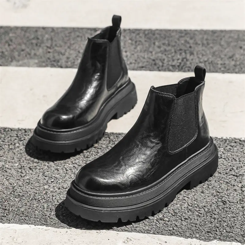 mens casual business office platform boots black trendy original leather shoes cowboy chunky ankle boot handsome chelsea botas