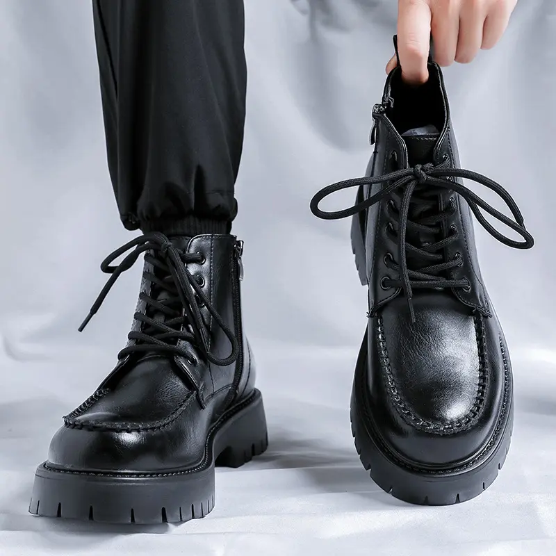 British style men's casual platform boots lace-up genuine leather shoes cowboy ankle boot black stylish chunky short botas mans