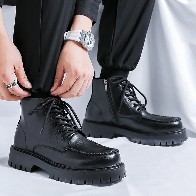 British style men's casual platform boots lace-up genuine leather shoes cowboy ankle boot black stylish chunky short botas mans