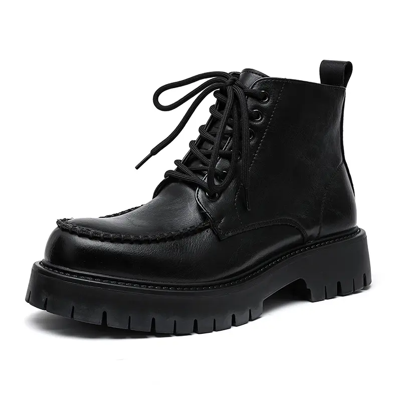 British style men's casual platform boots lace-up genuine leather shoes cowboy ankle boot black stylish chunky short botas mans