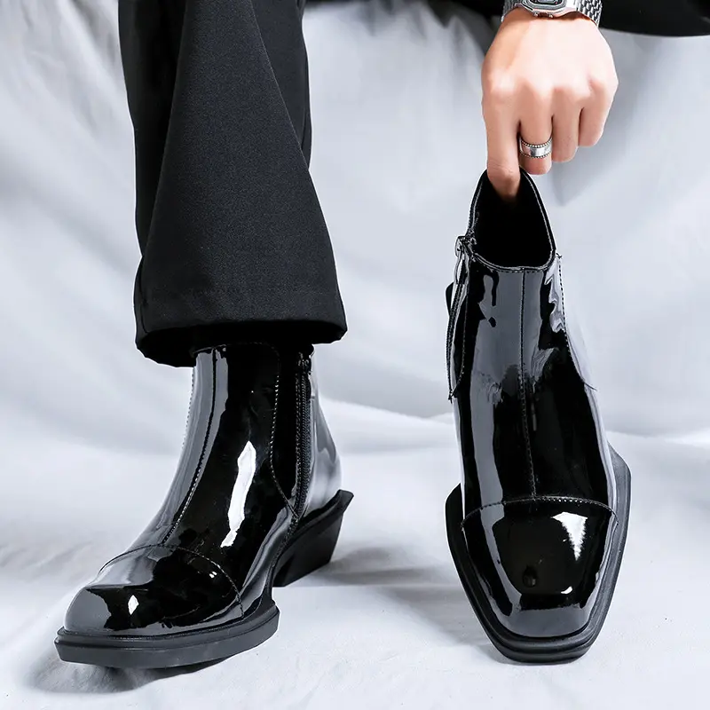 men's fashion hip hop rock dress chelsea boots black trendy patent leather shoes cowboy ankle boot designer autumn winter botas