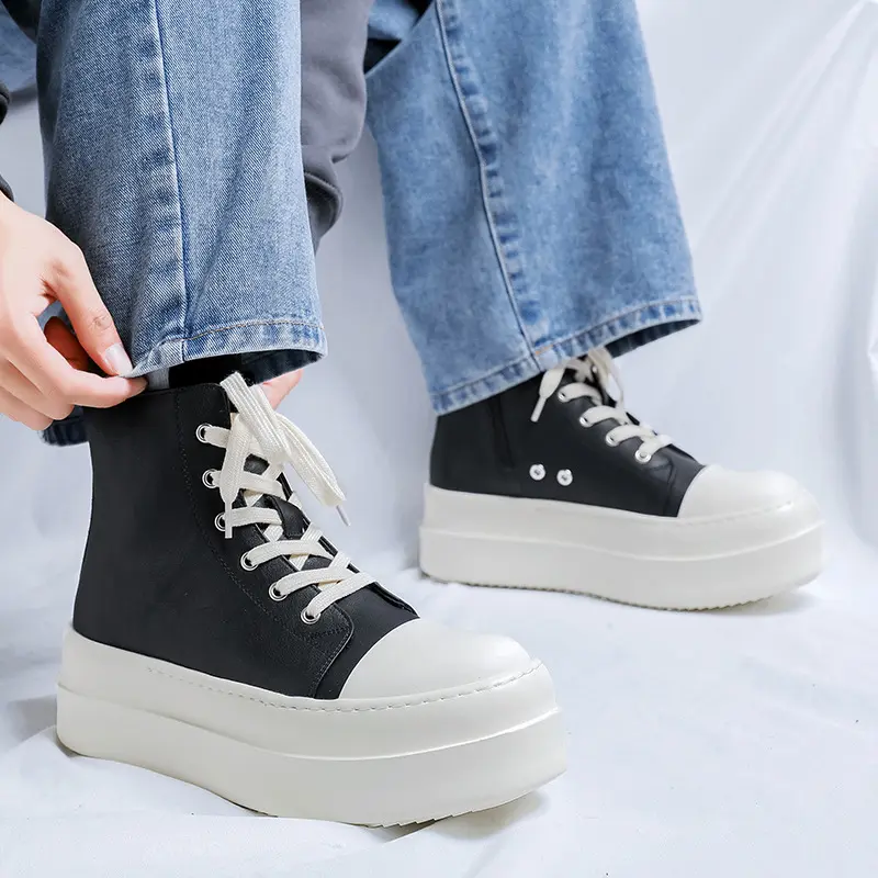 Korean style men casual platform boots lace-up original leather flats shoes cowboy ankle boot street designer short chunky botas