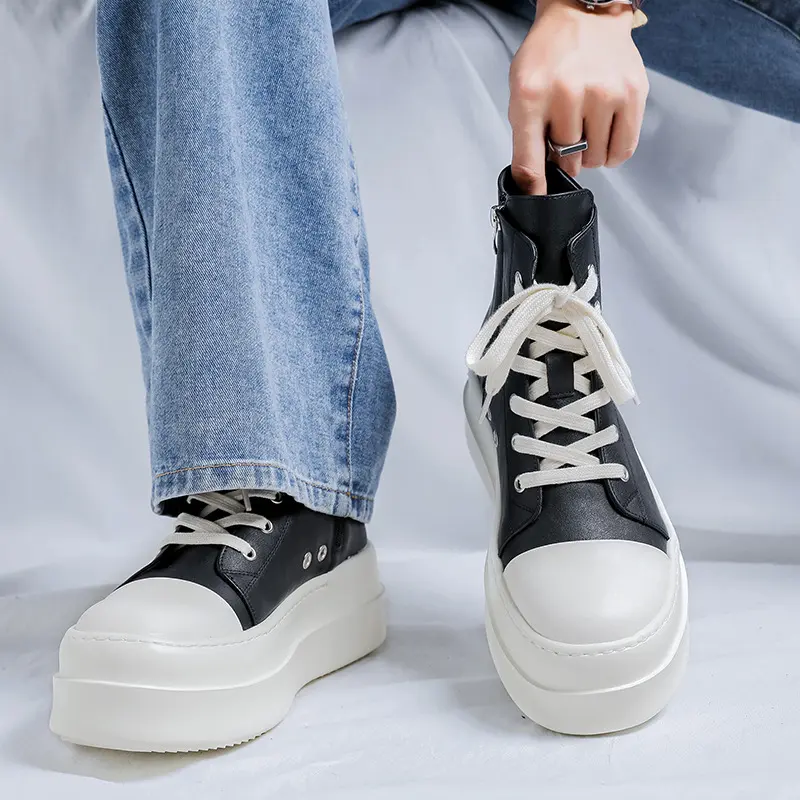 Korean style men casual platform boots lace-up original leather flats shoes cowboy ankle boot street designer short chunky botas