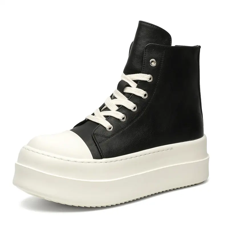 Korean style men casual platform boots lace-up original leather flats shoes cowboy ankle boot street designer short chunky botas