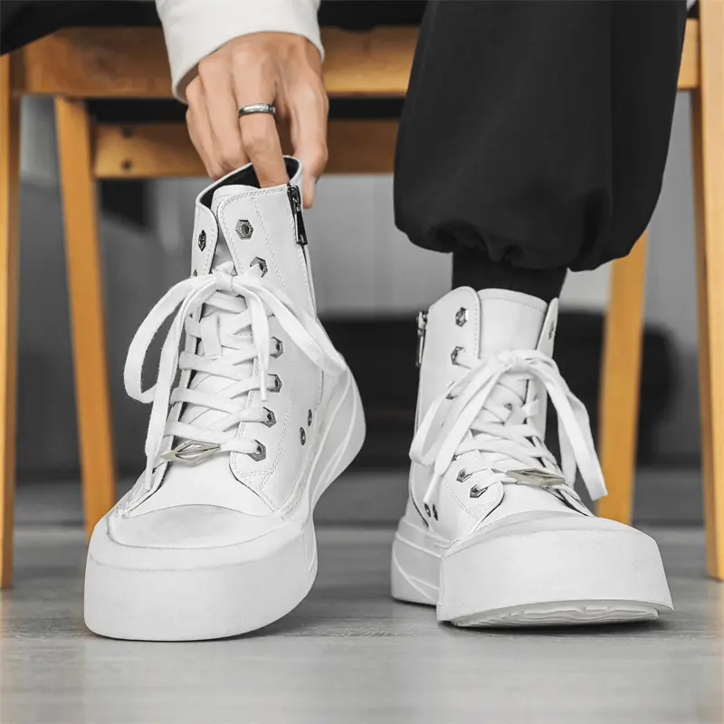 Korean style men's fashion genuine leather boots black white flats shoes cowboy platform boot designer street cool ankle botas