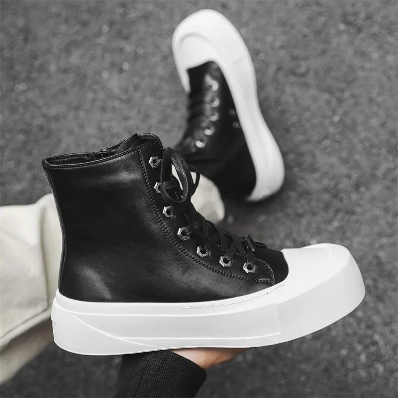 Korean style men's fashion genuine leather boots black white flats shoes cowboy platform boot designer street cool ankle botas