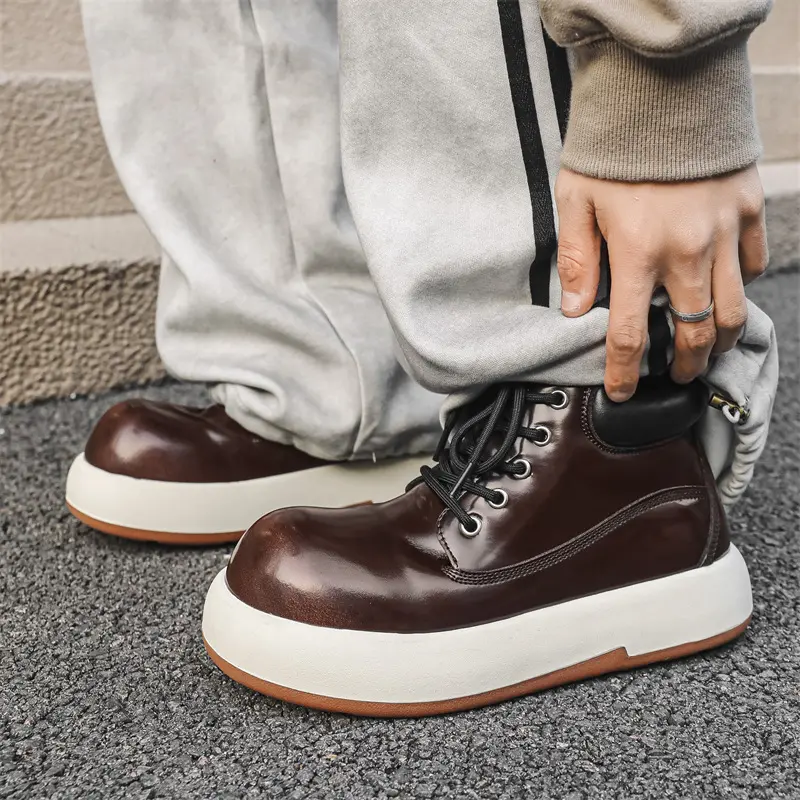 large size men fashion platform boots genuine leather flats shoes punk rock dress cowboy ankle boot big head desert botas hombre