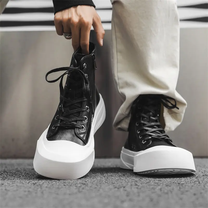 Korean style men's fashion genuine leather boots black white flats shoes cowboy platform boot designer street cool ankle botas