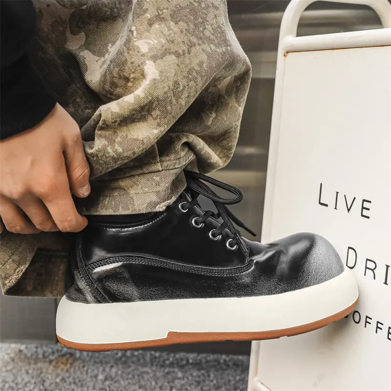 large size men fashion platform boots genuine leather flats shoes punk rock dress cowboy ankle boot big head desert botas hombre