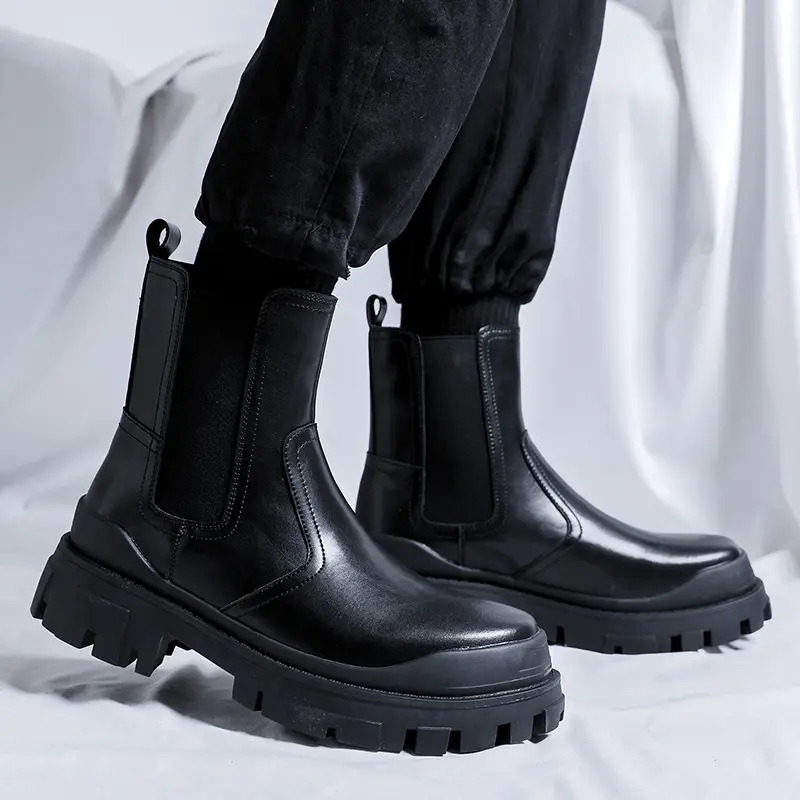 mens casual chelsea boots black stylish genuine leather shoes cowboy platform boot party nightclub cool high motorcycle botas