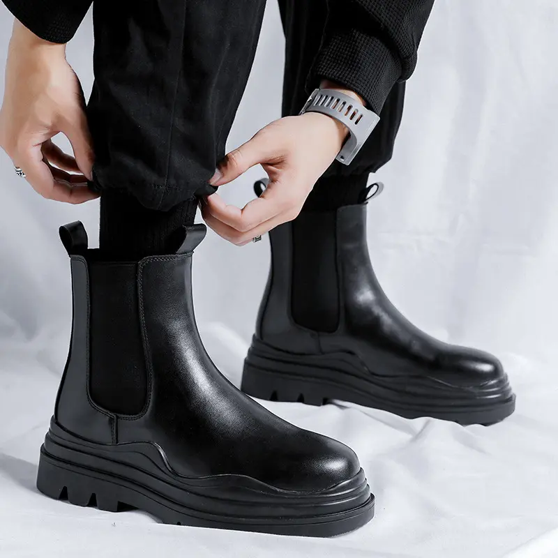 men's fashion chelsea boots black tide genuine leather shoes party nightclub dress cowboy platform boot high motorcycle botas