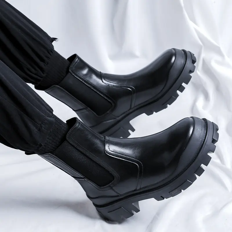 mens casual chelsea boots black stylish genuine leather shoes cowboy platform boot party nightclub cool high motorcycle botas