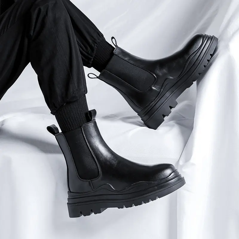 men's fashion chelsea boots black tide genuine leather shoes party nightclub dress cowboy platform boot high motorcycle botas