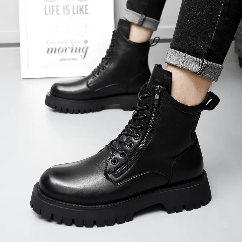 big size men fashion high motorcycle boots black trendy platform shoes cowboy spring autumn boot handsome original leather botas