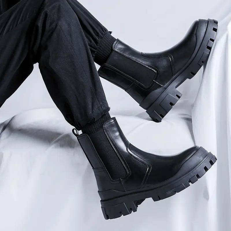 mens casual chelsea boots black stylish genuine leather shoes cowboy platform boot party nightclub cool high motorcycle botas