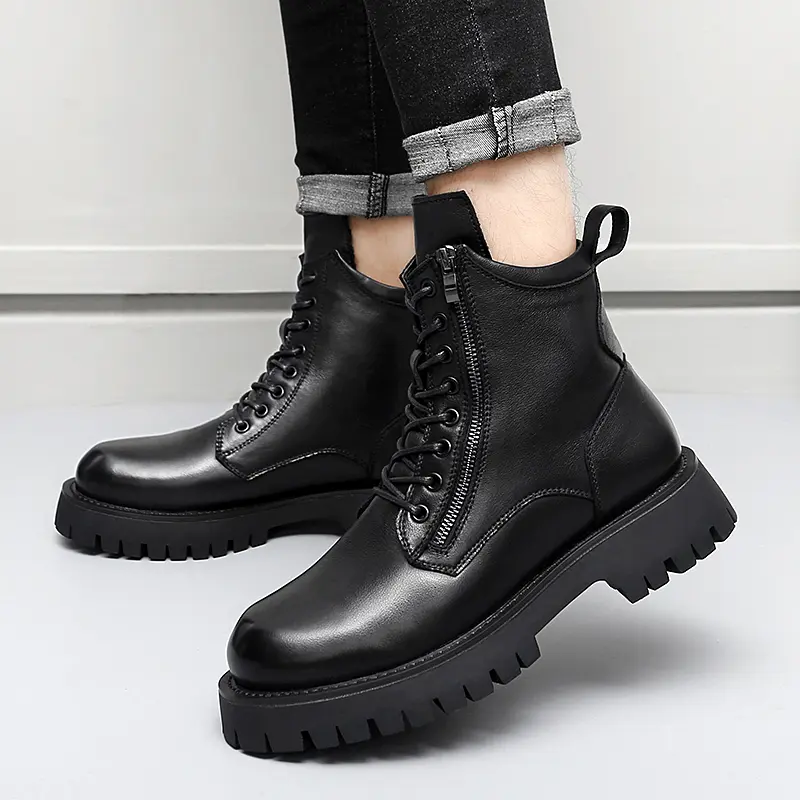 big size men fashion high motorcycle boots black trendy platform shoes cowboy spring autumn boot handsome original leather botas