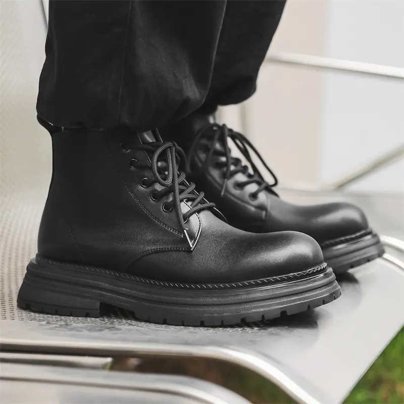 men casual handsome motorcycle boots lace-up genuine leather shoes cowboy autumn winter boot trendy platform ankle botas hombre