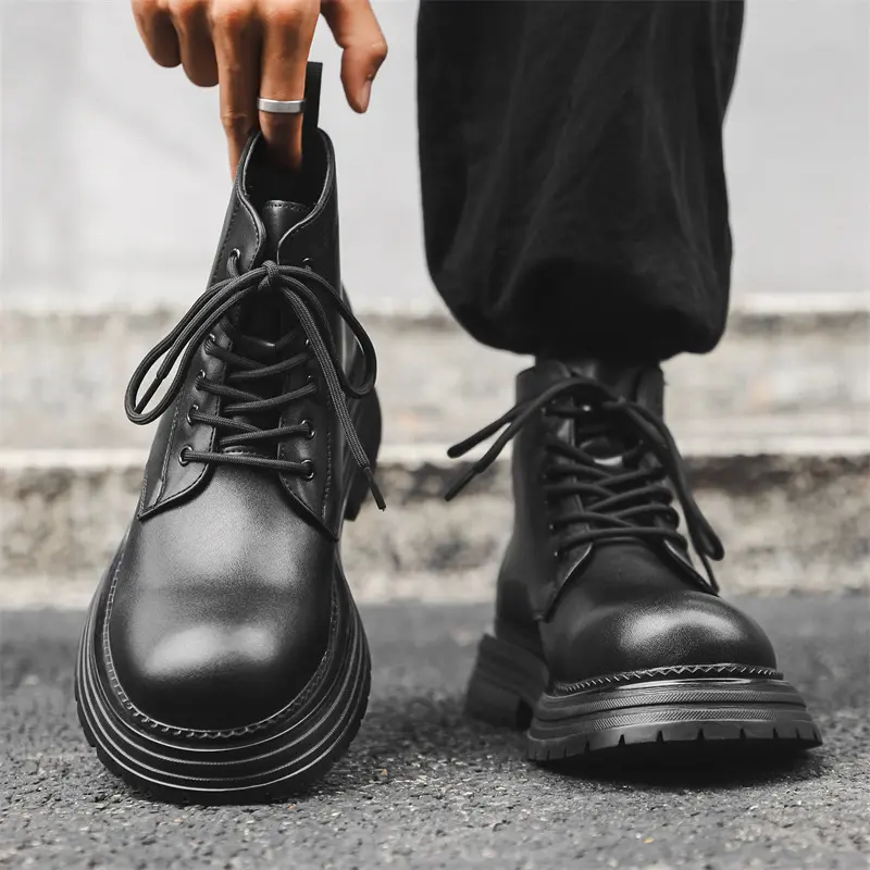 men casual handsome motorcycle boots lace-up genuine leather shoes cowboy autumn winter boot trendy platform ankle botas hombre
