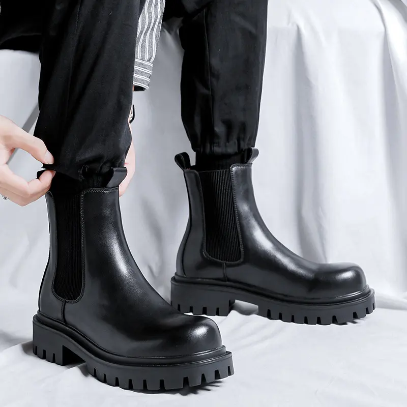 mens fashion chelsea boots black tide genuine leather shoes cowboy platform boot party prom dress handsome short botas zapatos