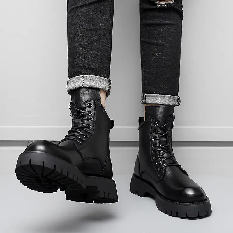 big size men fashion high motorcycle boots black trendy platform shoes cowboy spring autumn boot handsome original leather botas
