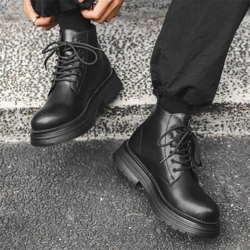 men casual handsome motorcycle boots lace-up genuine leather shoes cowboy autumn winter boot trendy platform ankle botas hombre