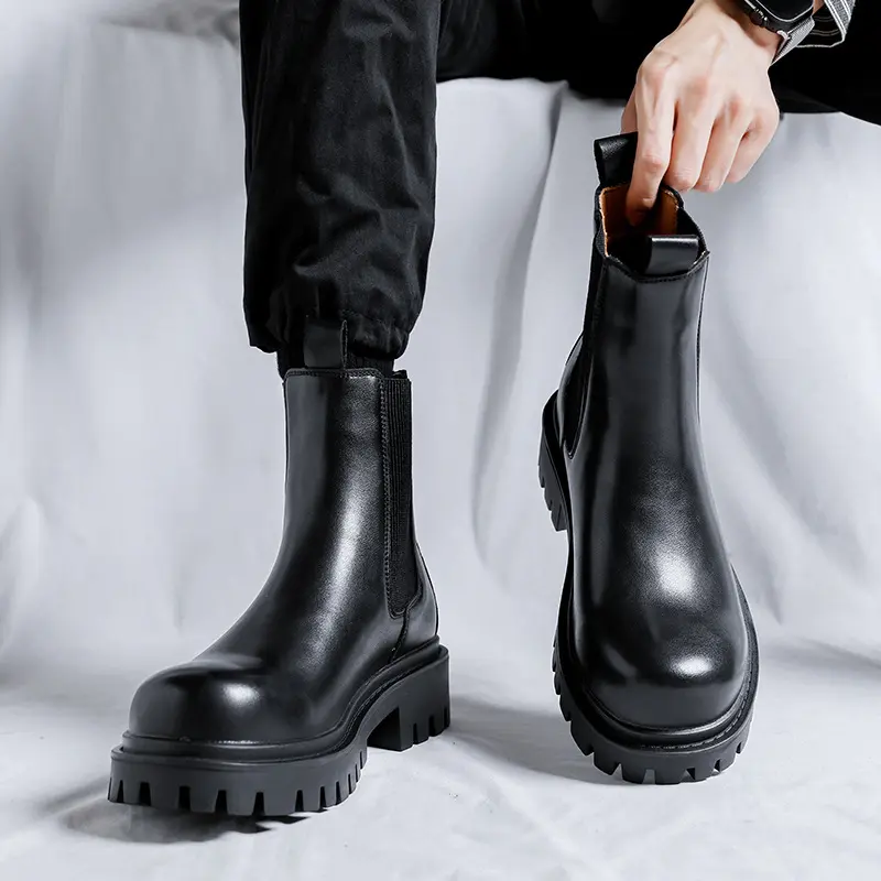 mens fashion chelsea boots black tide genuine leather shoes cowboy platform boot party prom dress handsome short botas zapatos