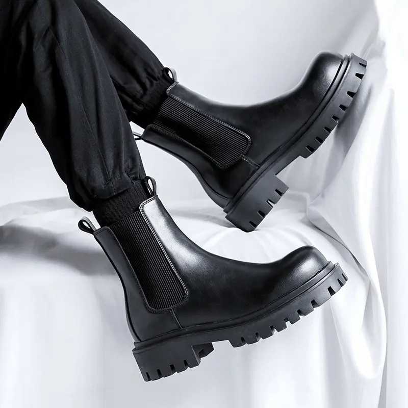 mens fashion chelsea boots black tide genuine leather shoes cowboy platform boot party prom dress handsome short botas zapatos