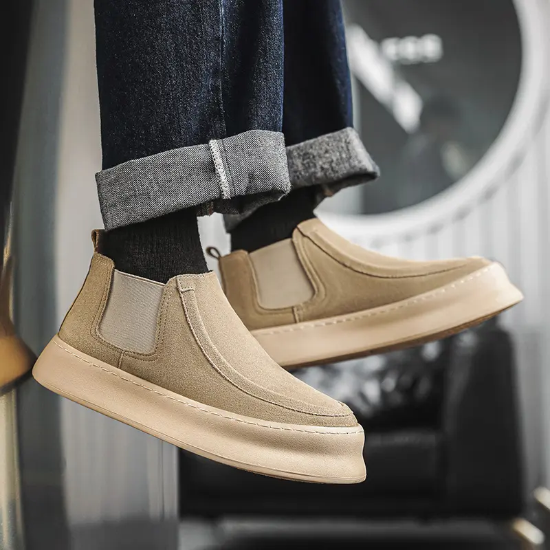 men's fashion cowboy desert boots slip-on cow suede leather shoes flats platform chelsea boot spring autumn handsome ankle botas