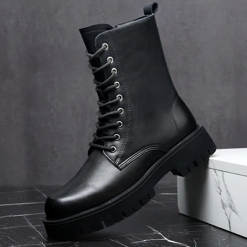 British style men boots luxury fashion genuine leather shoes high top cowboy motorcycle boot lace-up handsome platform botas man