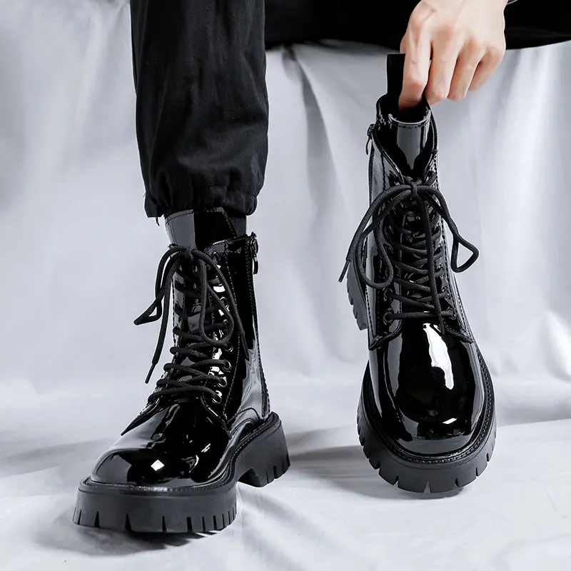 italian brand designer patent leather boots for men casual black trendy shoes cowboy platform boot high motorcycle botas hombre