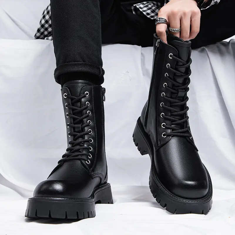 British style men boots luxury fashion genuine leather shoes high top cowboy motorcycle boot lace-up handsome platform botas man