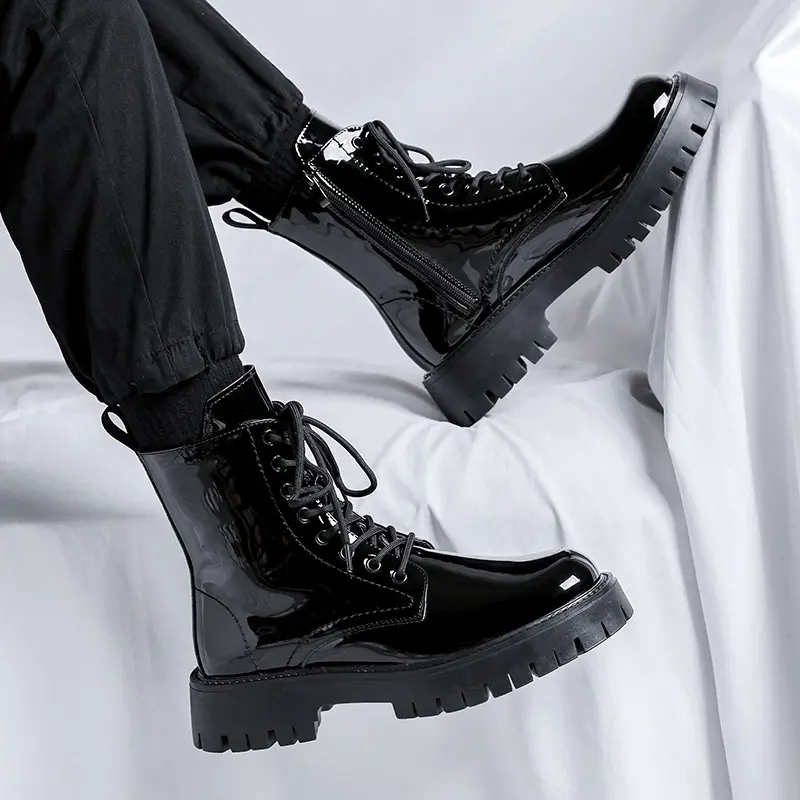italian brand designer patent leather boots for men casual black trendy shoes cowboy platform boot high motorcycle botas hombre