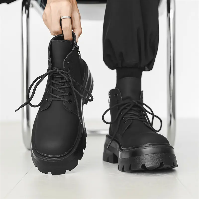 men's casual punk rock dress platform boots lace-up genuine leather shoes cowboy chunky boot cool autumn winter ankle botas male
