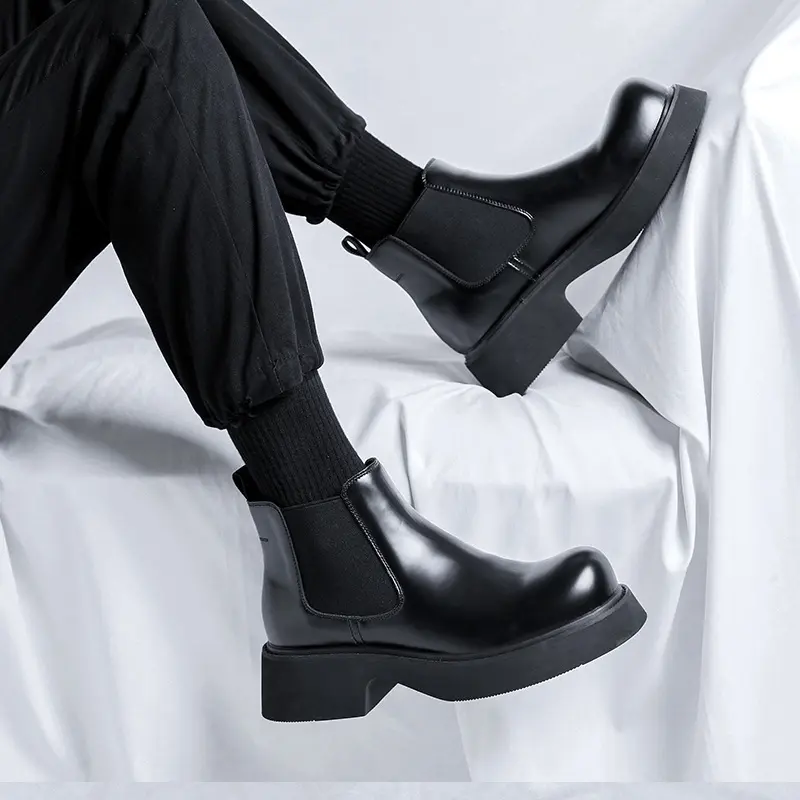 men's casual original leather boots black stylish platform shoes business office dress cowboy short boot ankle chelsea botas man