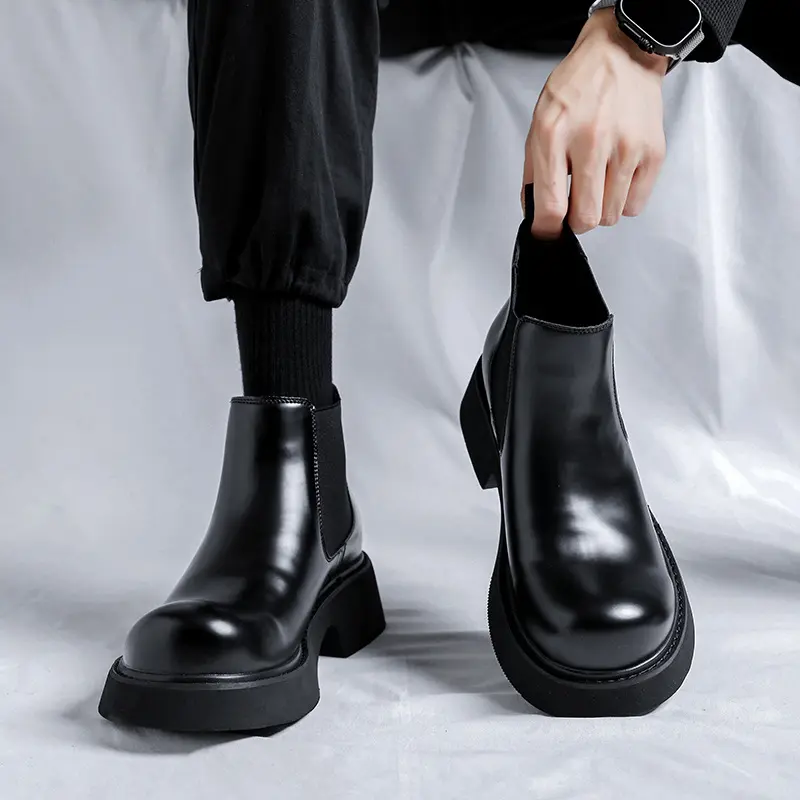 men's casual original leather boots black stylish platform shoes business office dress cowboy short boot ankle chelsea botas man