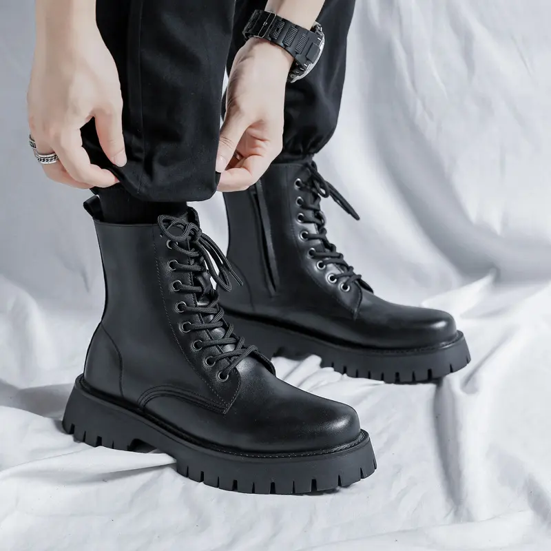 British style mens fashion motorcycle boots black tide natural leather shoes cowboy platform boot handsome high top botas hombre