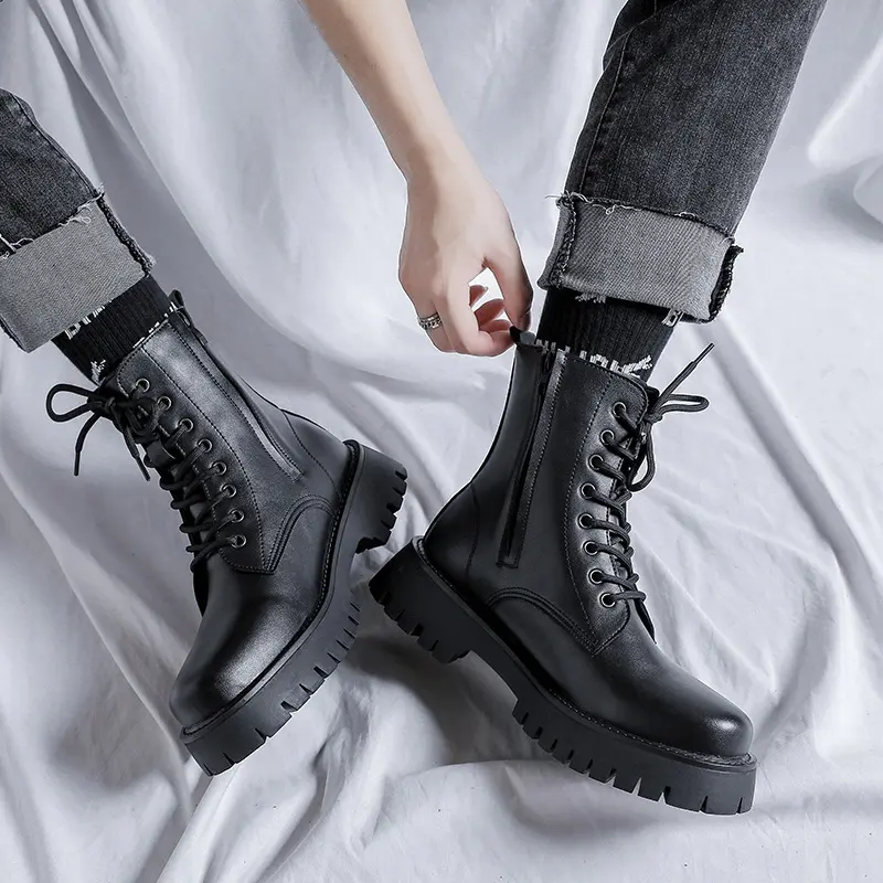 British style mens fashion motorcycle boots black tide natural leather shoes cowboy platform boot handsome high top botas hombre