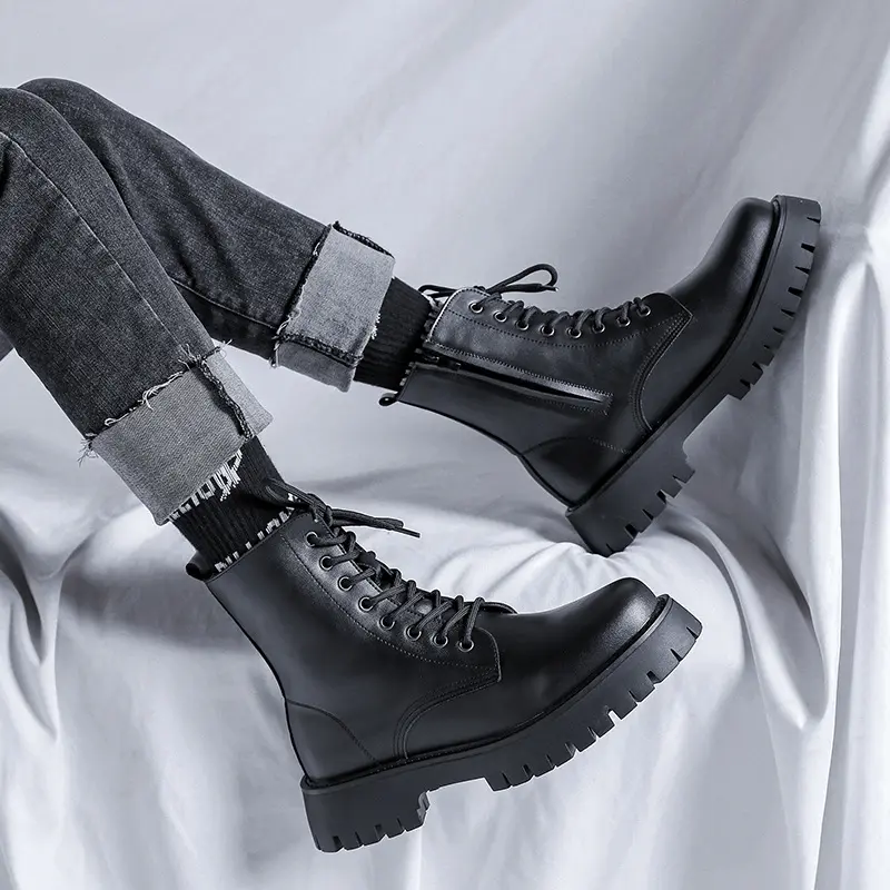 British style mens fashion motorcycle boots black tide natural leather shoes cowboy platform boot handsome high top botas hombre