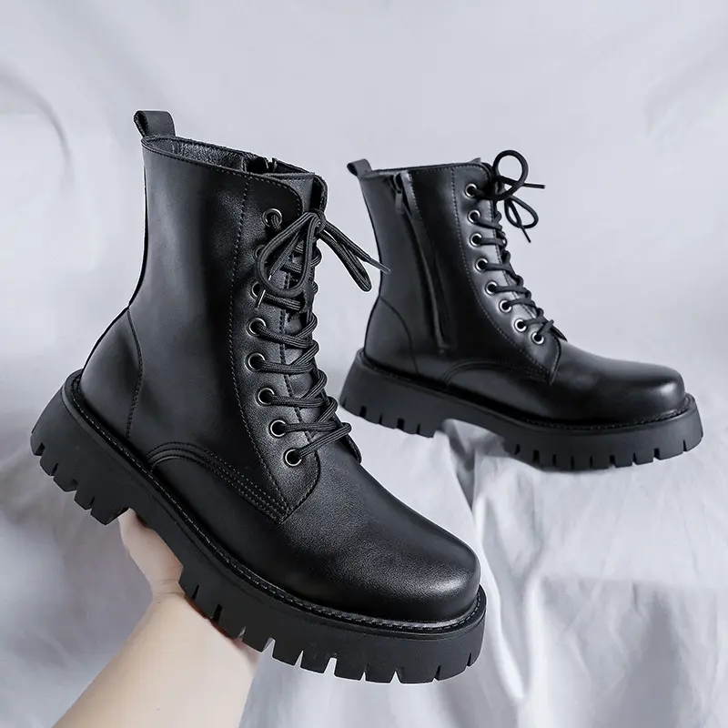 British style mens fashion motorcycle boots black tide natural leather shoes cowboy platform boot handsome high top botas hombre