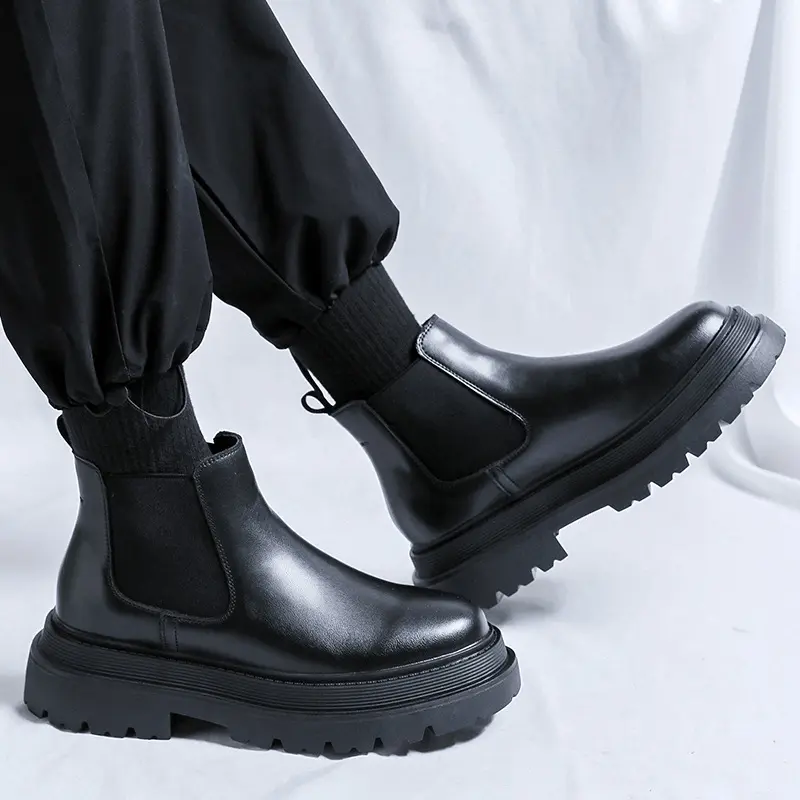 men casual business office dress platform boots slip-on genuine leather shoes cowboy autumn winter boot chelsea ankle botas mans
