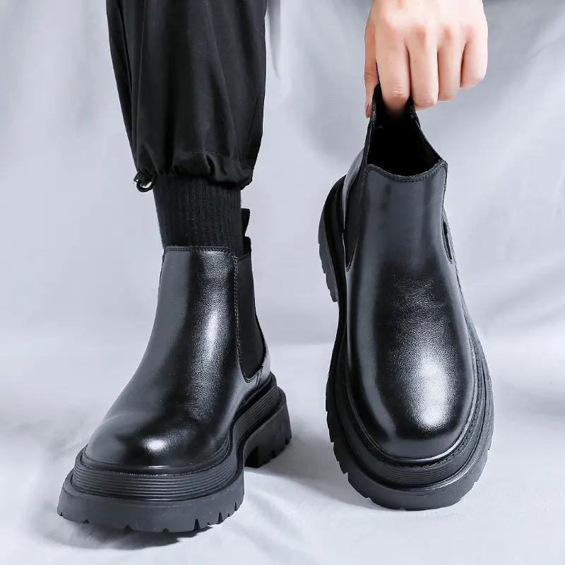 men casual business office dress platform boots slip-on genuine leather shoes cowboy autumn winter boot chelsea ankle botas mans