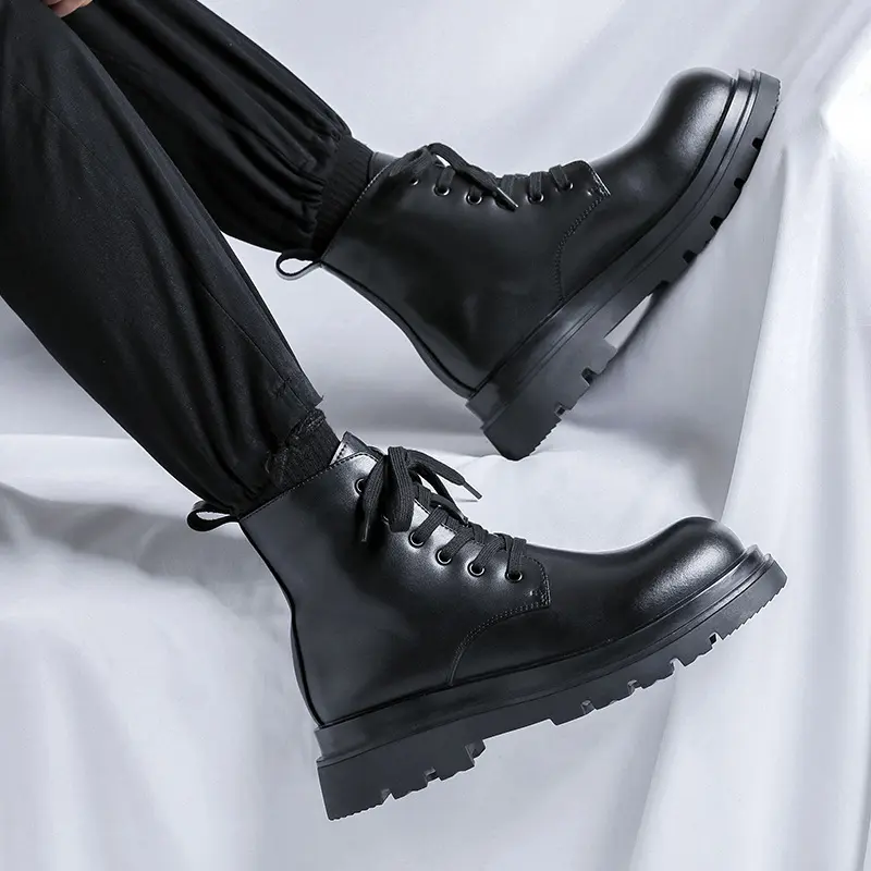 England style mens casual platform boots lace-up genuine leather shoes cowboy ankle boot black stylish handsome motorcycle botas