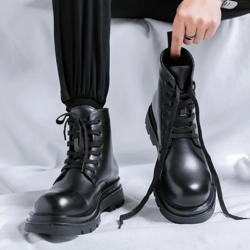 England style mens casual platform boots lace-up genuine leather shoes cowboy ankle boot black stylish handsome motorcycle botas