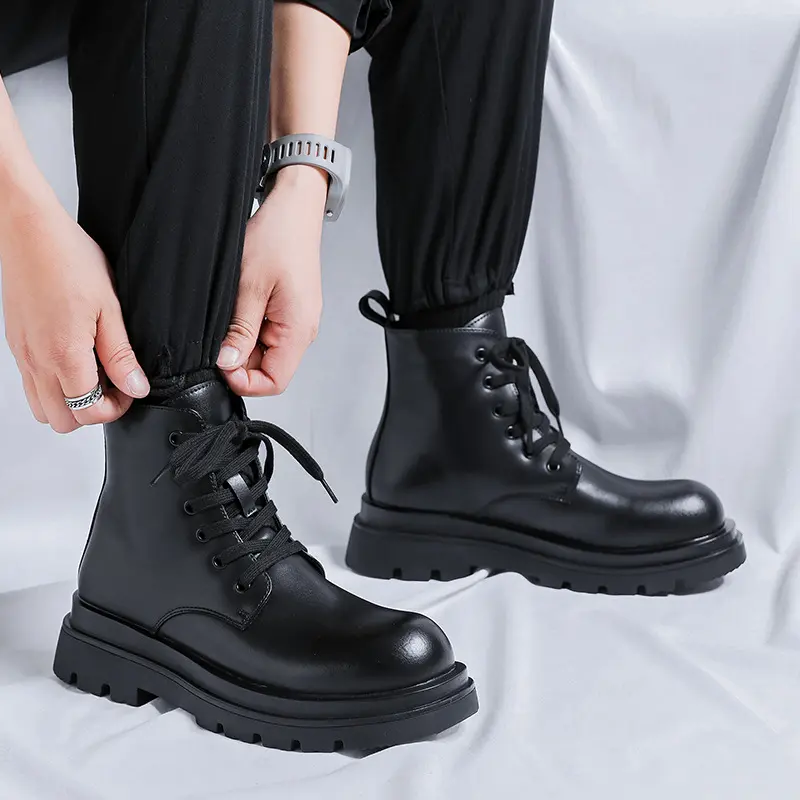 England style mens casual platform boots lace-up genuine leather shoes cowboy ankle boot black stylish handsome motorcycle botas