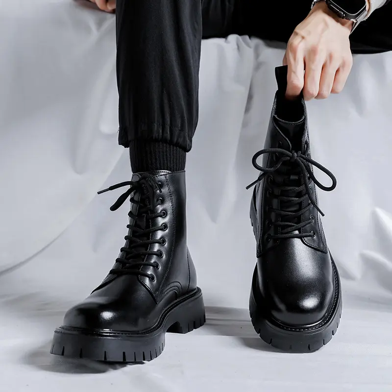 British style mens casual platform boots lace-up genuine leather shoes party nightclub dress cowboy boot high motorcycle botas
