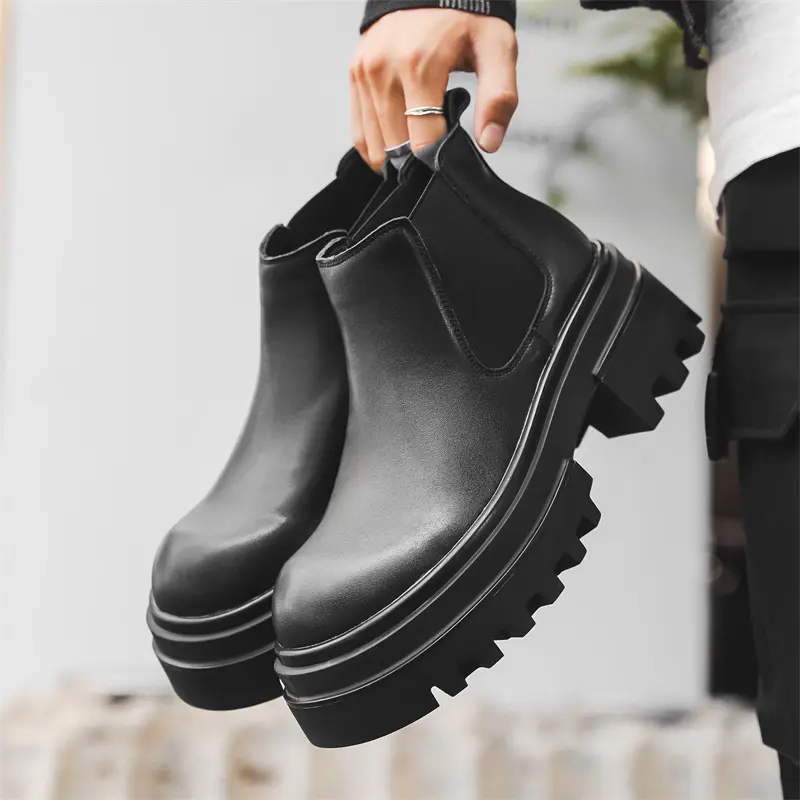men casual business office chelsea boots black stylish original leather shoes cowboy platform boot spring autumn ankle botas man