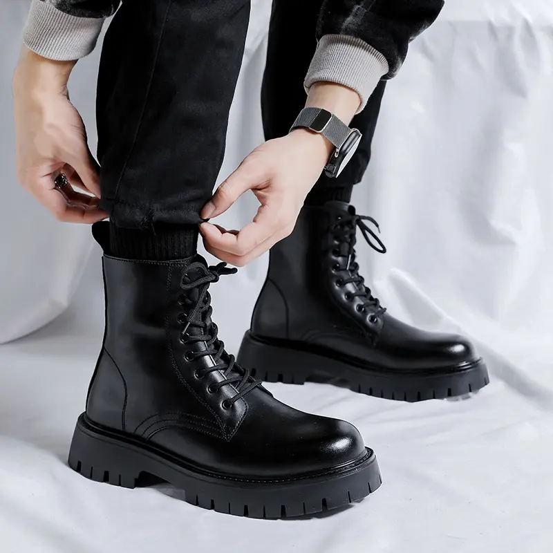 British style mens casual platform boots lace-up genuine leather shoes party nightclub dress cowboy boot high motorcycle botas